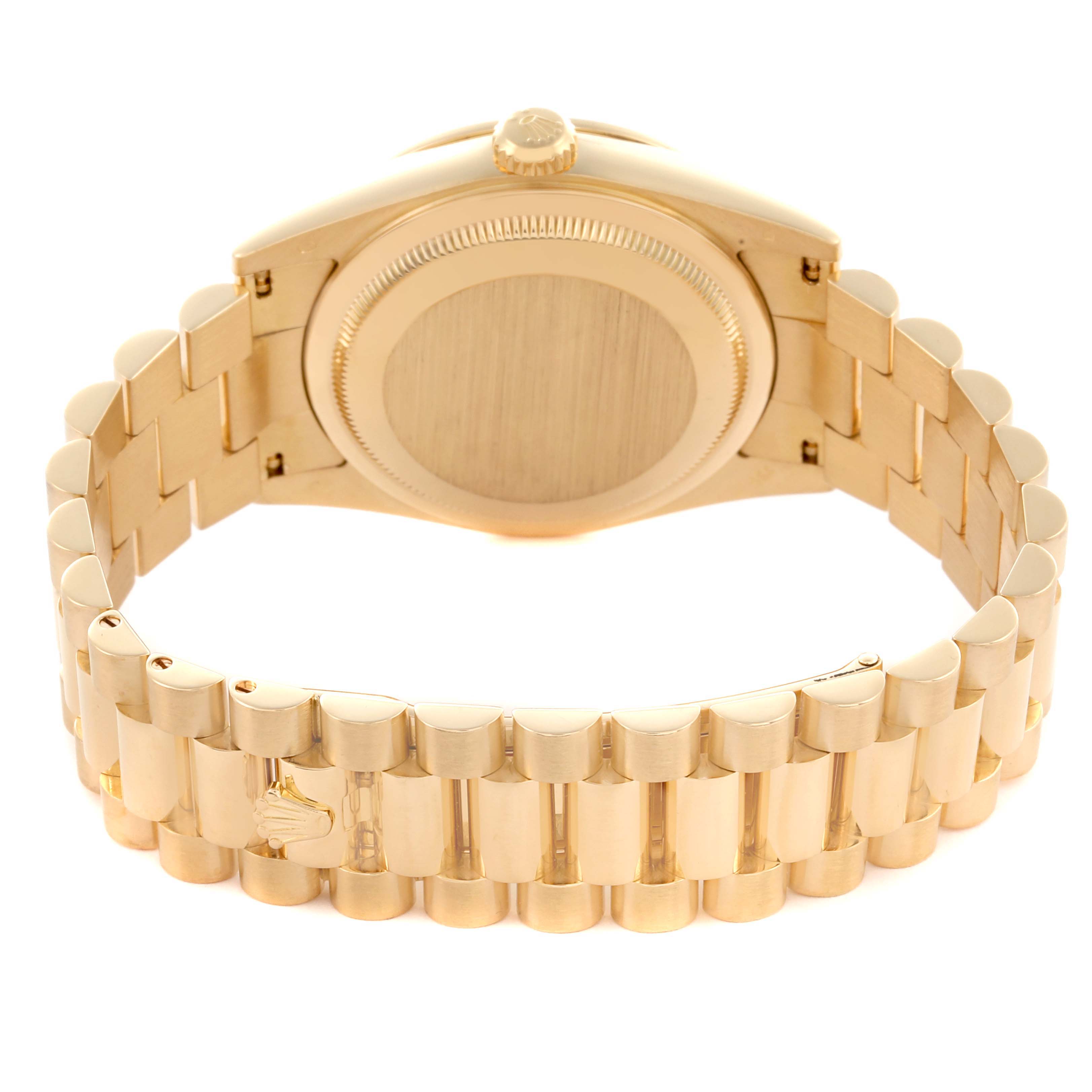 The image shows the back case and bracelet of a Rolex President 118348 Men's Yellow Gold Champagne Dial 118348 Men's Yellow Gold Champagne Dial model watch, viewed from a rear angle.