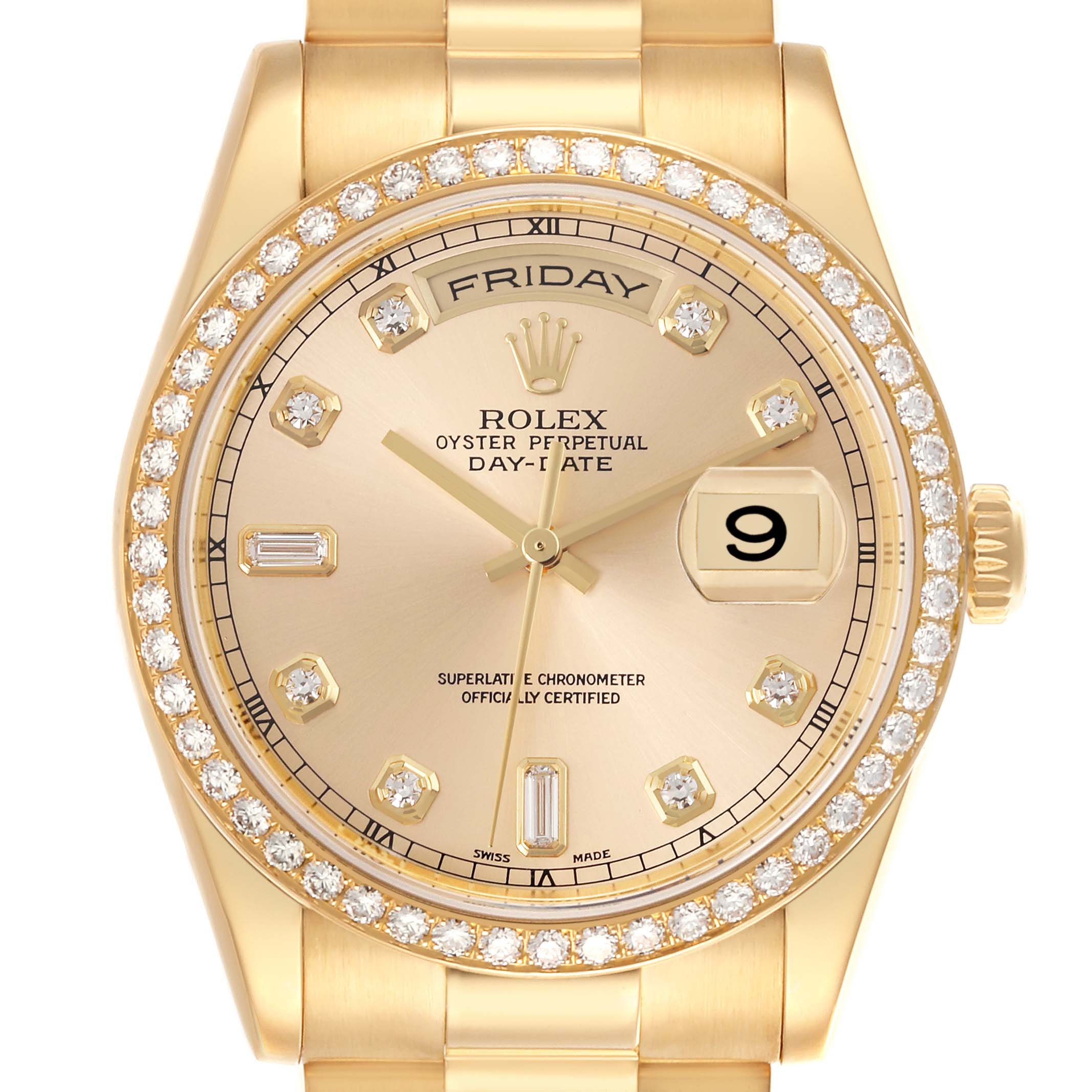 The Rolex President 118348 Men's Yellow Gold Champagne Dial 118348 Men's Yellow Gold Champagne Dial model watch is shown from the front, highlighting its gold case, diamond bezel, and day-date features.