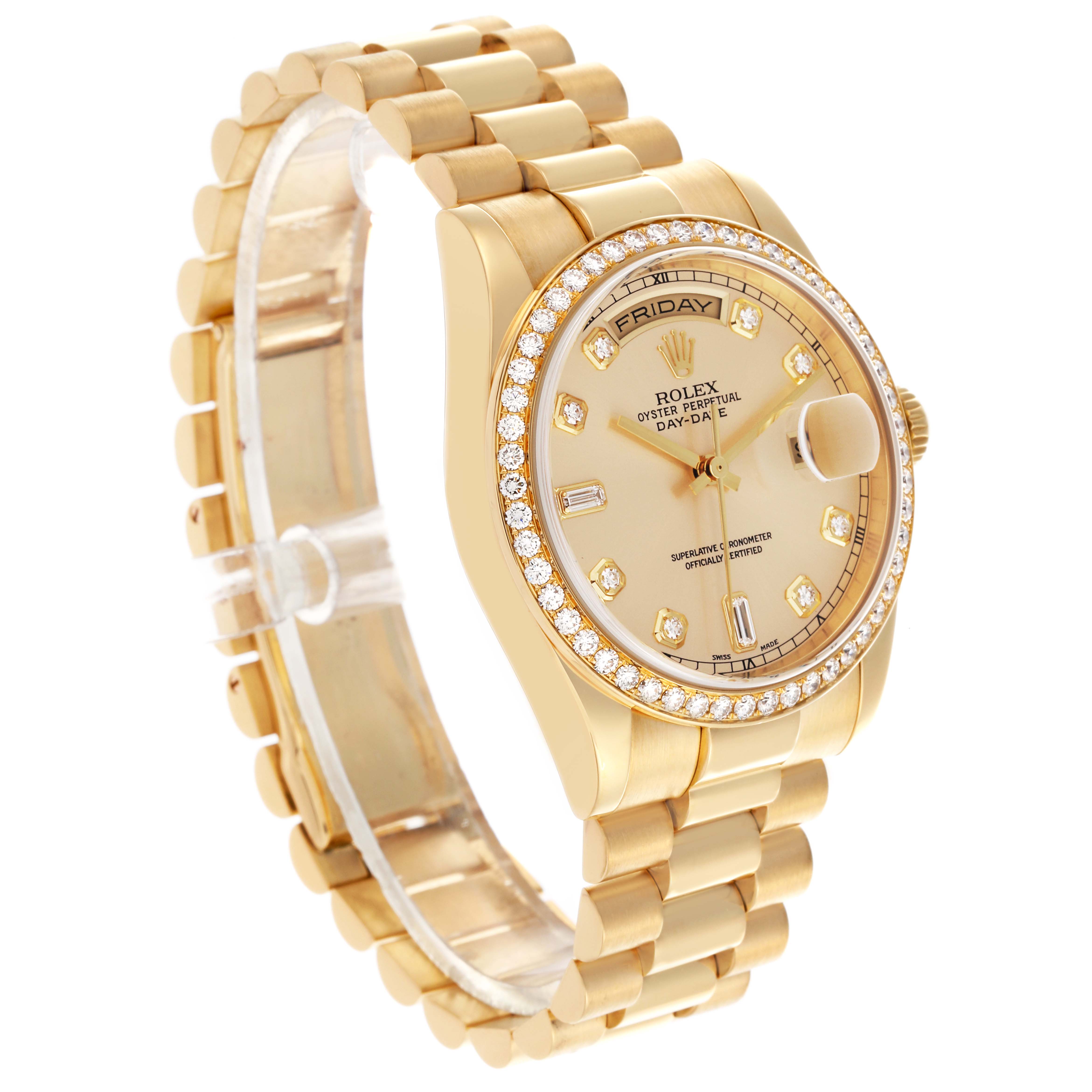 The image shows the Rolex President 118348 Men's Yellow Gold Champagne Dial 118348 Men's Yellow Gold Champagne Dial model at a three-quarter angle, highlighting the face, bezel, and bracelet.