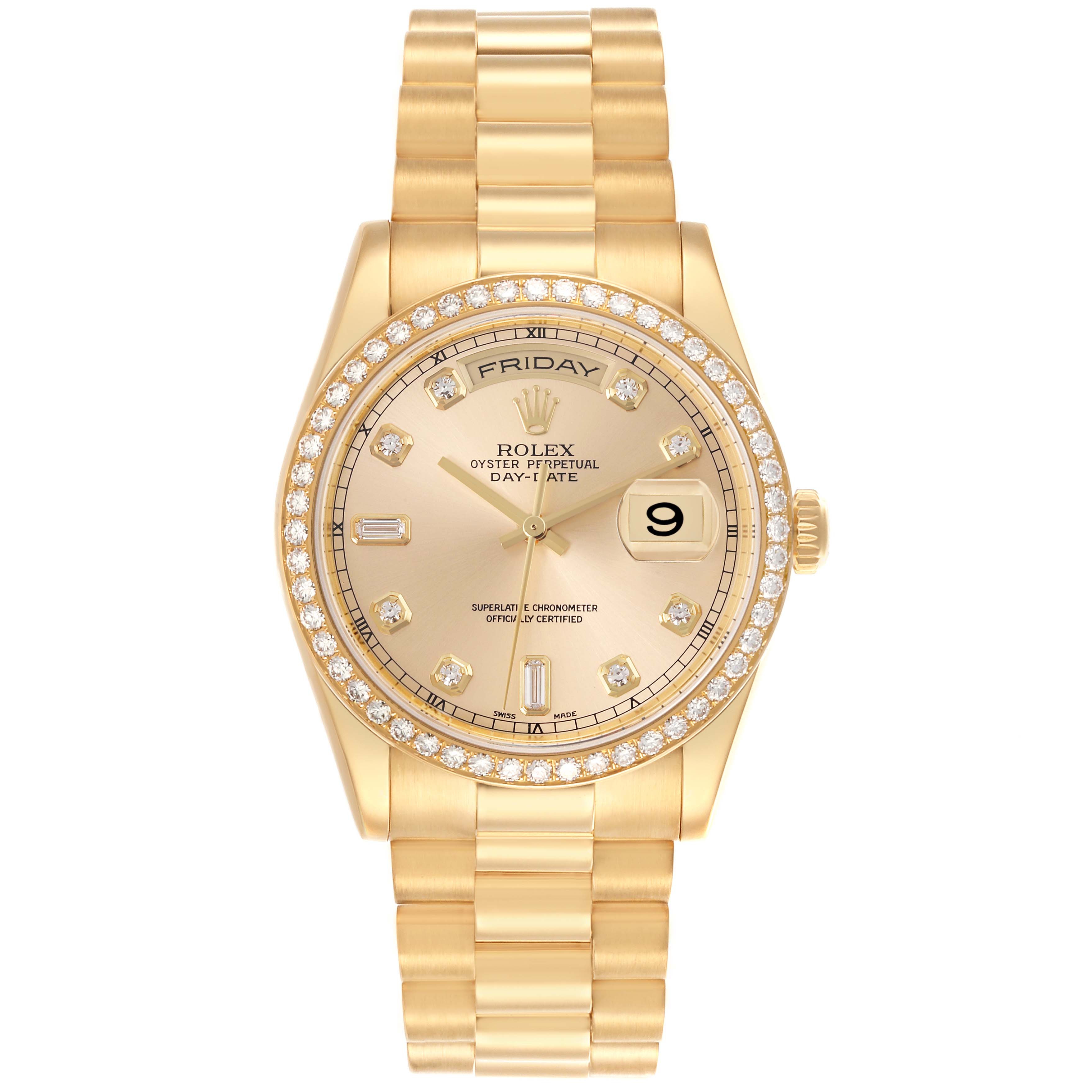 The Rolex President 118348 Men's Yellow Gold Champagne Dial 118348 Men's Yellow Gold Champagne Dial model is shown from a front view, displaying the face, bezel, and bracelet links.