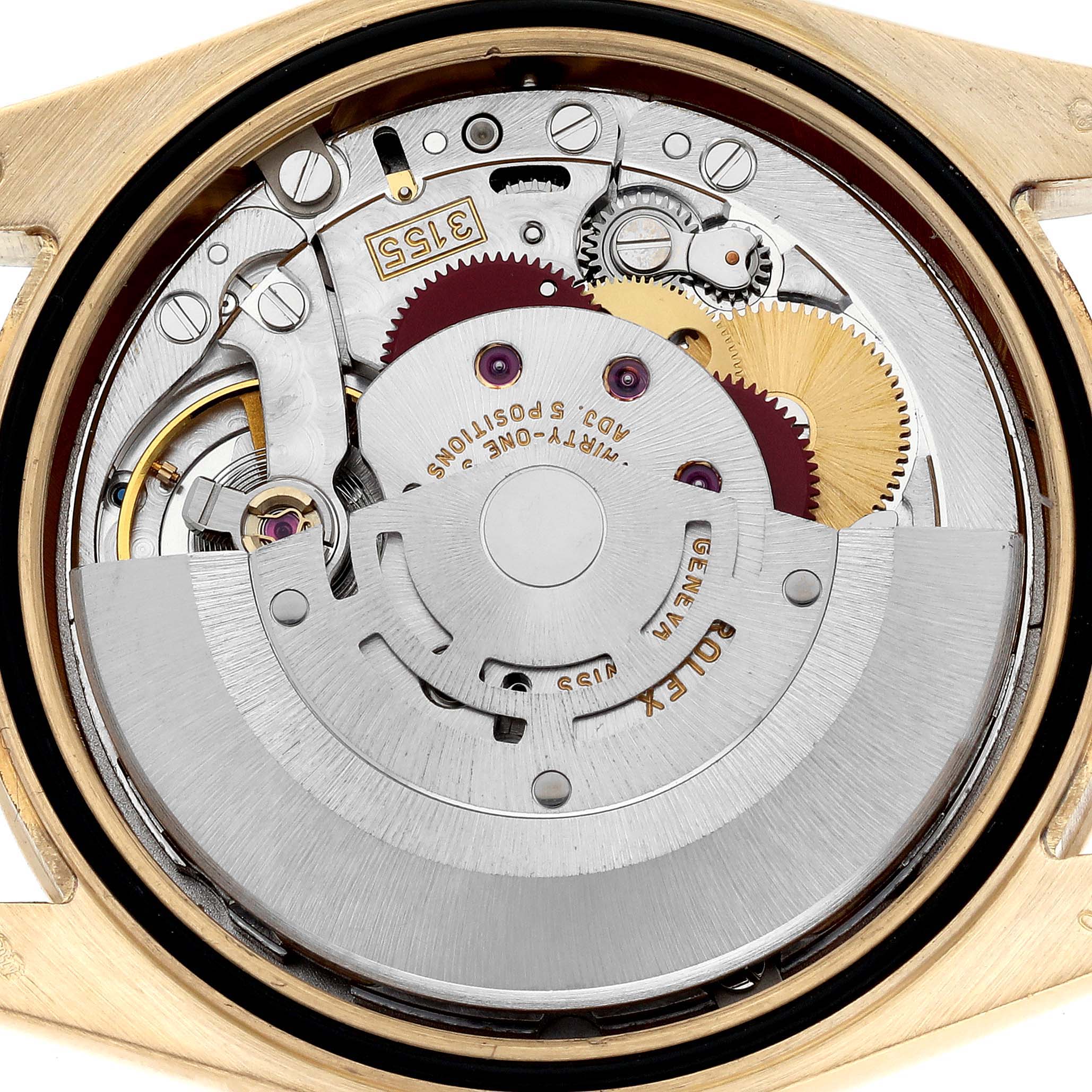 The image shows the internal mechanics of a Rolex President 118348 Men's Yellow Gold Champagne Dial 118348 Men's Yellow Gold Champagne Dial model watch from a top-down angle.