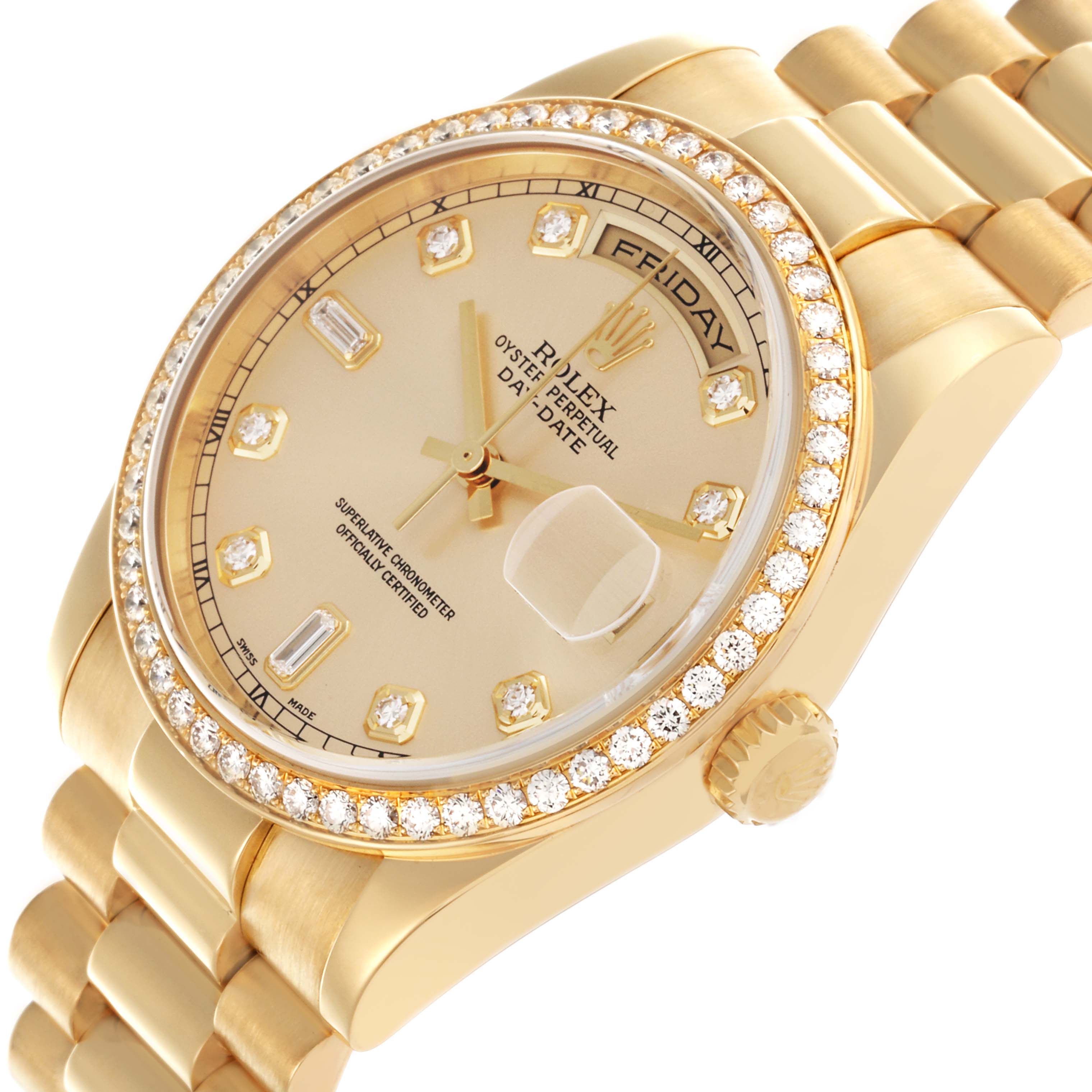 The Rolex President 118348 Men's Yellow Gold Champagne Dial 118348 Men's Yellow Gold Champagne Dial model is shown in a close-up angle, displaying the face, bezel, and part of the bracelet band.