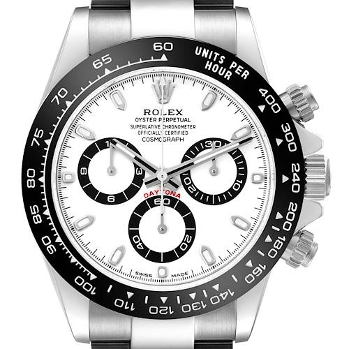 The image shows a front view of the Rolex Daytona 116500LN Men's Stainless Steel White Dial 116500LN Men's Stainless Steel White Dial, displaying its dial, bezel, and crown.