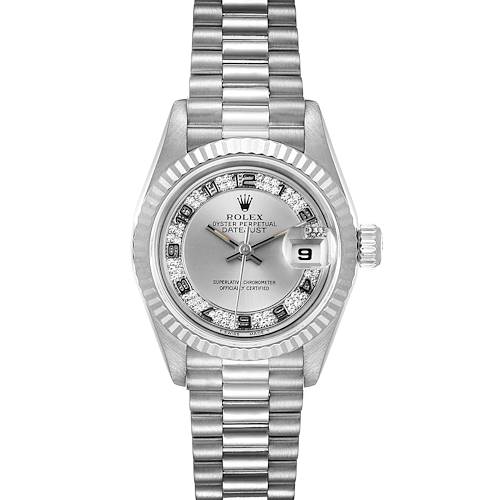 This image shows a frontal view of a Rolex President 69179 Women's White Gold Silver Dial 69179 Women's White Gold Silver Dial model watch, displaying the dial, bezel, and bracelet.