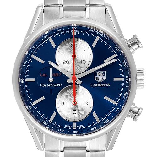 This image shows a frontal view of a Tag Heuer Carrera watch with a blue dial and chronograph features.