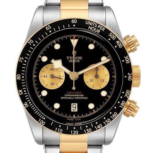 This is a close-up of the Tudor Heritage Black Bay 79363N Men's Steel and Gold (two tone) Black Dial 79363N Men's Steel and Gold (two tone) Black Dial watch, showing the face, bezel, crown, and part of the bracelet.