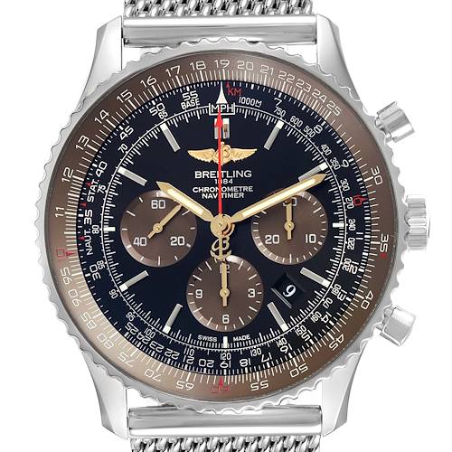 This image shows a front view of a Breitling Navitimer AB0127 Men's Stainless Steel Black Dial AB0127 Men's Stainless Steel Black Dial watch displaying its face, chronographs, and dial details.