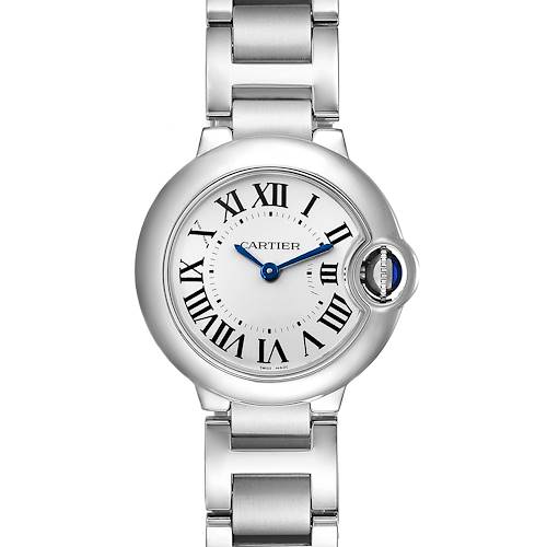 The image shows a front angle view of the Cartier Ballon Bleu W69010Z4 Women's Stainless Steel Silver Dial W69010Z4 Women's Stainless Steel Silver Dial watch, highlighting its dial, bezel, and metal bracelet.