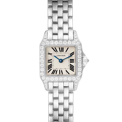 The image shows a Cartier Santos Demoiselle WF9005Y8 Women's White Gold Silver Dial WF9005Y8 Women's White Gold Silver Dial watch from the front, displaying its face, bezel, and bracelet.