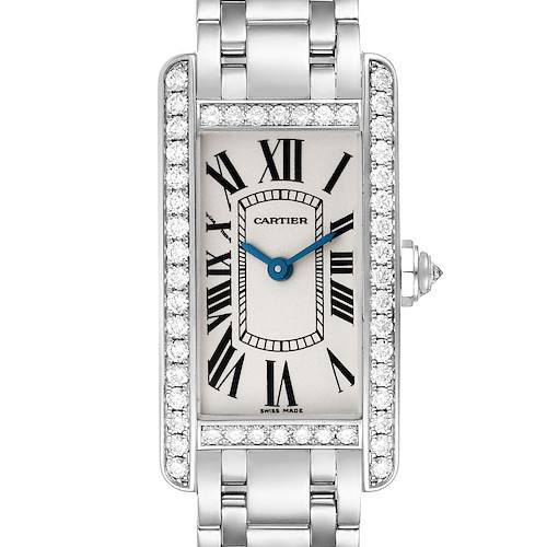 The image shows a front view of the Cartier Tank Americaine WB7073L1 Women's White Gold Silver Dial WB7073L1 Women's White Gold Silver Dial watch, highlighting its rectangular face, diamond-set case, and metallic strap.