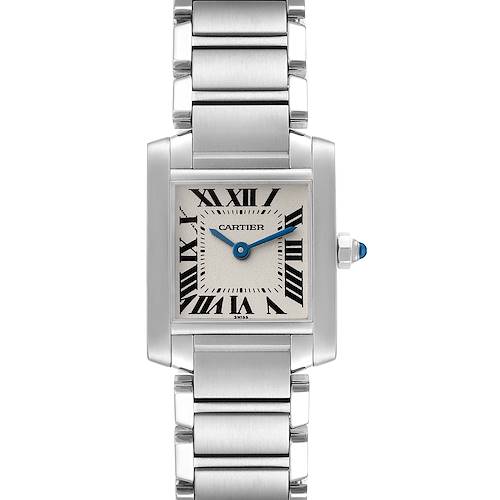 The image shows a frontal view of a Cartier Tank Francaise W51008Q3 Women's Stainless Steel Silver Dial W51008Q3 Women's Stainless Steel Silver Dial watch, highlighting its rectangular face, Roman numerals, and metal bracelet.