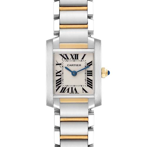 The Cartier Tank Française watch is shown from the front, featuring the case, bracelet, dial with Roman numerals, and crown.