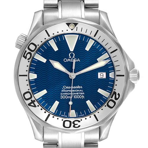 The Omega Seamaster 2255.80.00 Men's Stainless Steel Blue Dial 2255.80.00 Men's Stainless Steel Blue Dial watch is shown from a front angle, highlighting the blue dial, bezel, crown, and stainless steel bracelet.