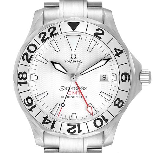 This image shows a front view of an Omega Seamaster 2538.20.00 Men's Stainless Steel White Dial 2538.20.00 Men's Stainless Steel White Dial GMT Chronometer watch, displaying its face, hour markers, and part of its bracelet.