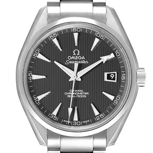 The image shows a front view of the Omega Aqua Terra 231.10.42.21.06.001 Men's Stainless Steel Grey Dial 231.10.42.21.06.001 Men's Stainless Steel Grey Dial watch, highlighting its dial, hands, and date window.