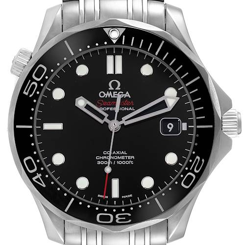 The image displays a front view of an Omega Seamaster 212.30.41.20.01.003 Men's Stainless Steel Black Dial 212.30.41.20.01.003 Men's Stainless Steel Black Dial watch, showcasing its dial, hands, bezel, and part of the metal bracelet.