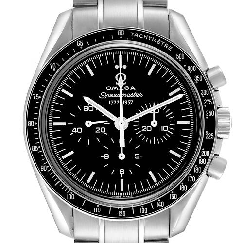 The Omega Speedmaster 311.33.42.50.01.001 Men's Stainless Steel Black Dial 311.33.42.50.01.001 Men's Stainless Steel Black Dial watch is shown from a front angle, displaying the dial, bezel, and chronograph subdials.