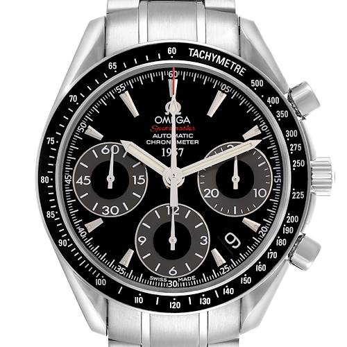 The Omega Speedmaster 323.30.40.40.01.001 Men's Stainless Steel Black Dial 323.30.40.40.01.001 Men's Stainless Steel Black Dial watch is shown from the front, highlighting the dial, tachymetre bezel, and stainless steel bracelet.