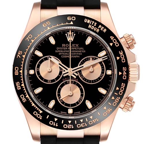 The image shows the frontal view of a Rolex Daytona 116515LN Men's Rose Gold Black Dial 116515LN Men's Rose Gold Black Dial watch, highlighting its face, bezel, and chronograph dials.