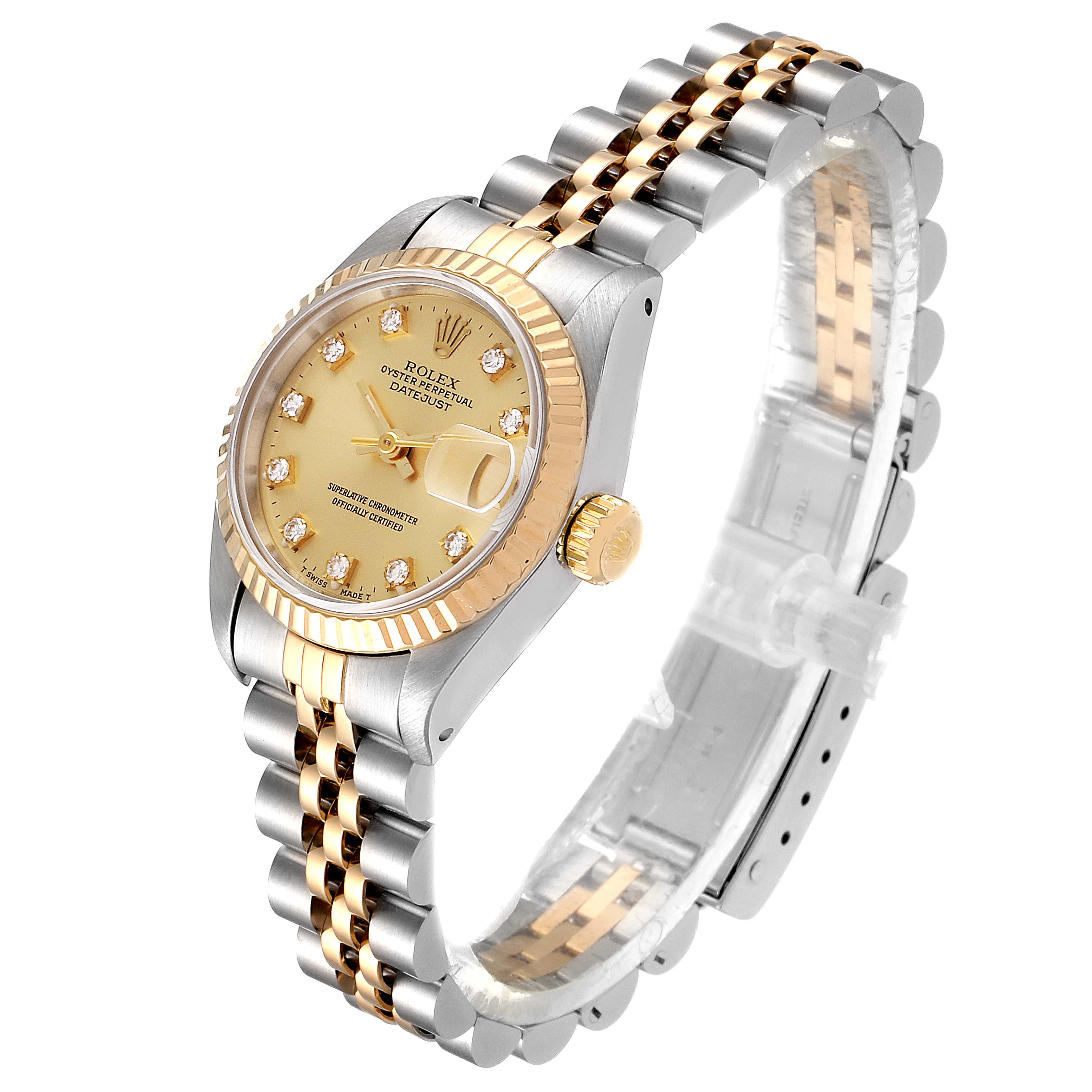 This image shows a side angle of a Rolex Datejust 69173 Women's Steel and Gold (two tone) Champagne Dial 69173 Women's Steel and Gold (two tone) Champagne Dial model, highlighting its gold and silver bracelet, dial, and fluted bezel.
