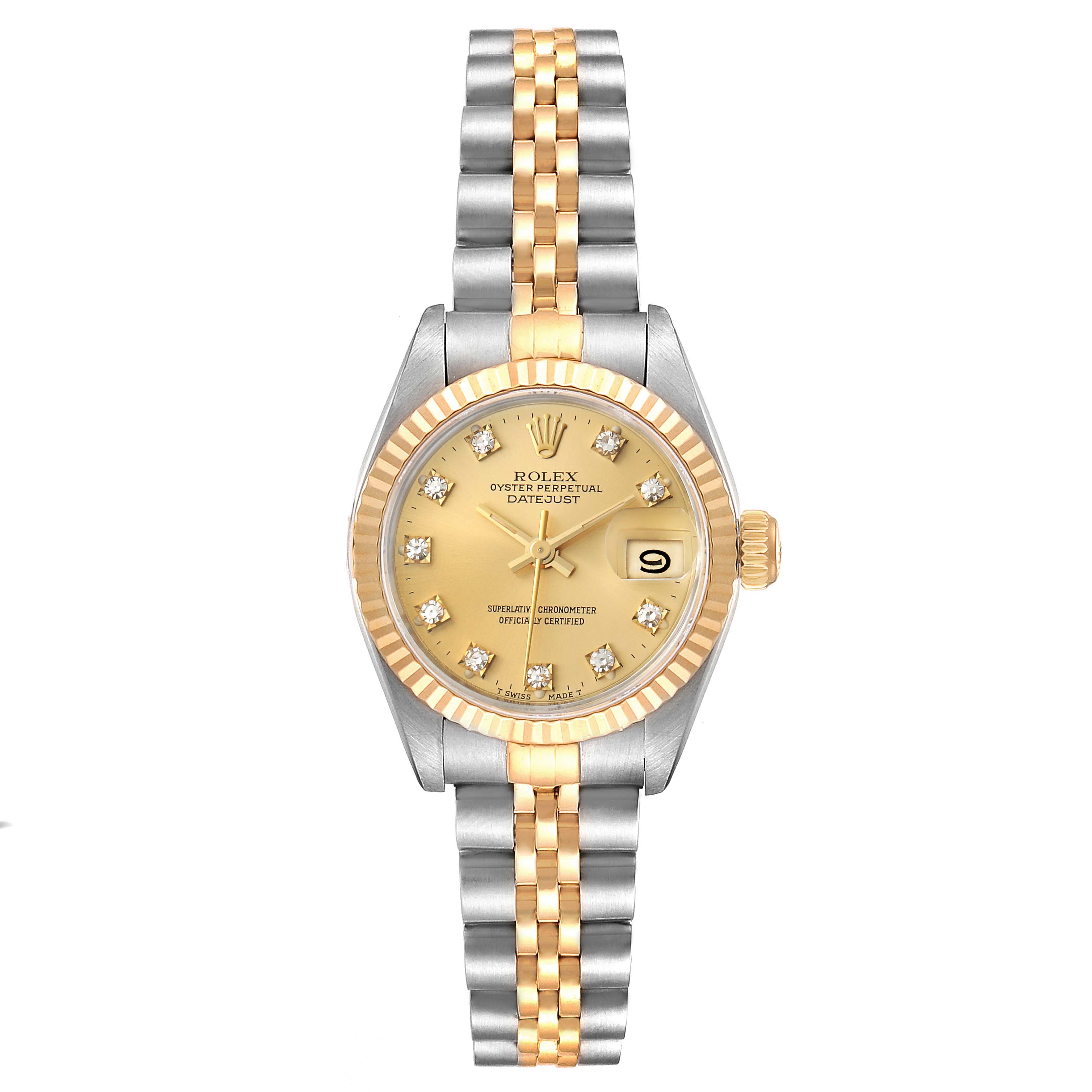 This image shows a front view of a Rolex Datejust 69173 Women's Steel and Gold (two tone) Champagne Dial 69173 Women's Steel and Gold (two tone) Champagne Dial watch, showcasing the dial, bezel, and bracelet.