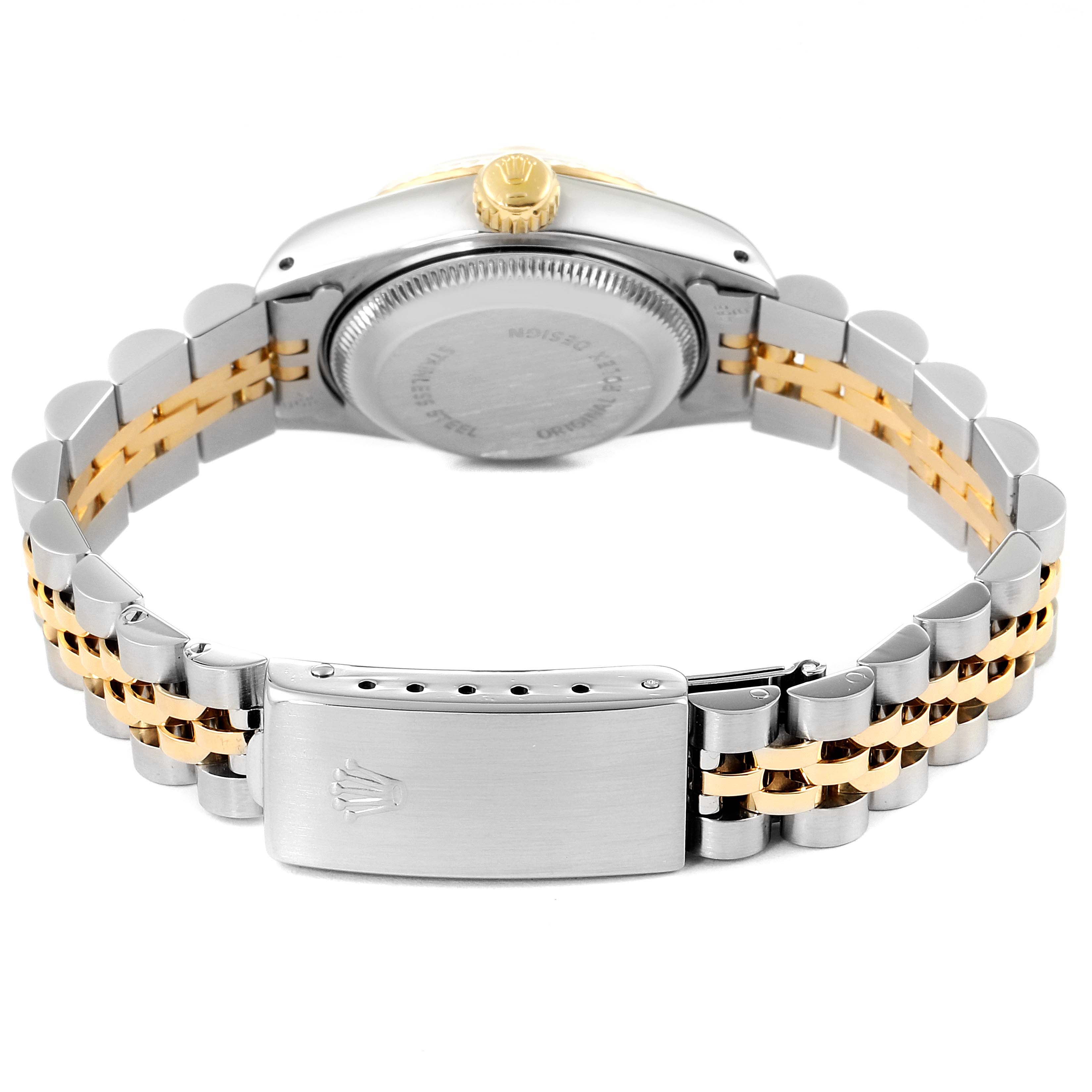 The image shows the back view of a Rolex Datejust 69173 Women's Steel and Gold (two tone) Champagne Dial 69173 Women's Steel and Gold (two tone) Champagne Dial watch, including the case back, crown, and two-tone bracelet.