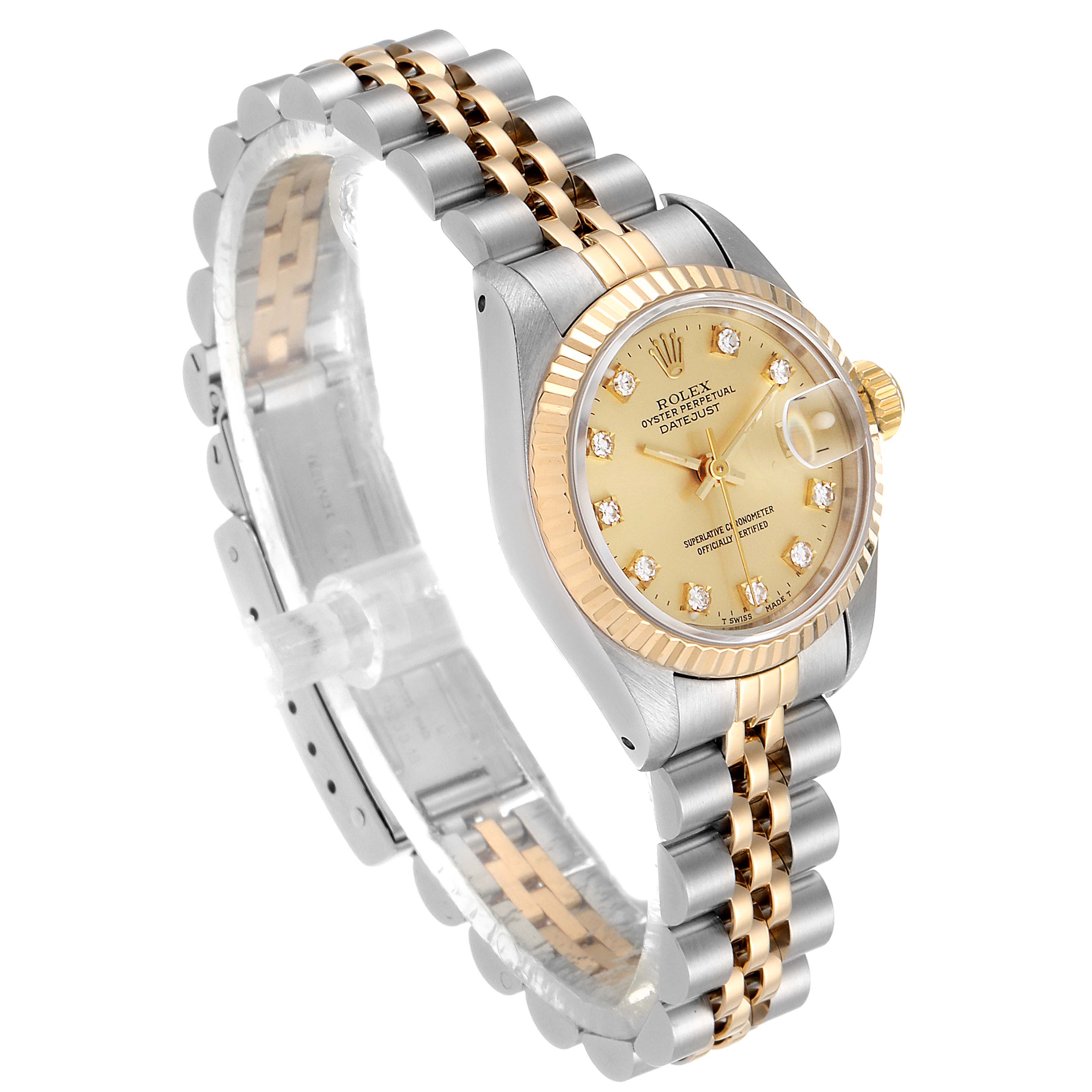 The image shows a Rolex Datejust 69173 Women's Steel and Gold (two tone) Champagne Dial 69173 Women's Steel and Gold (two tone) Champagne Dial watch from an oblique angle, highlighting the face, bezel, crown, and two-tone bracelet.