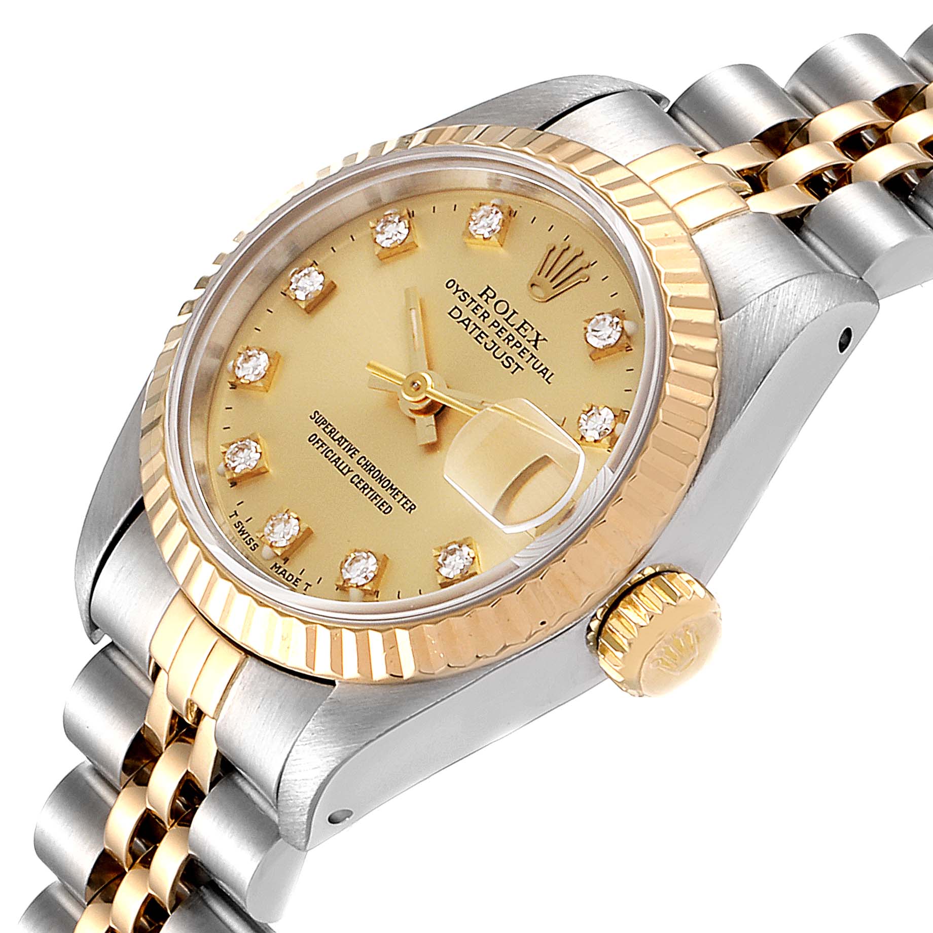 This image shows a close-up, angled view of the Rolex Datejust 69173 Women's Steel and Gold (two tone) Champagne Dial 69173 Women's Steel and Gold (two tone) Champagne Dial watch, highlighting its bezel, dial, crown, and bracelet.