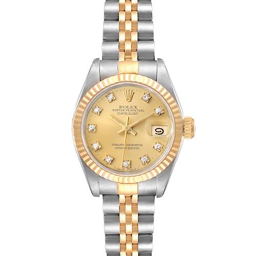 This Rolex Datejust 69173 Women's Steel and Gold (two tone) Champagne Dial 69173 Women's Steel and Gold (two tone) Champagne Dial watch is shown from a top-down angle, displaying the face, fluted bezel, and two-tone jubilee bracelet.