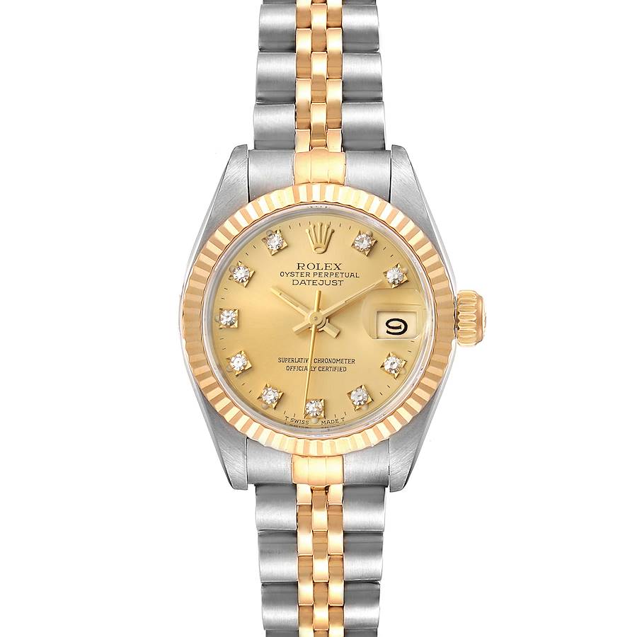 The Rolex Datejust 69173 Women's Steel and Gold (two tone) Champagne Dial 69173 Women's Steel and Gold (two tone) Champagne Dial watch is shown from a top-down angle, displaying the dial, bezel, crown, and two-tone bracelet.