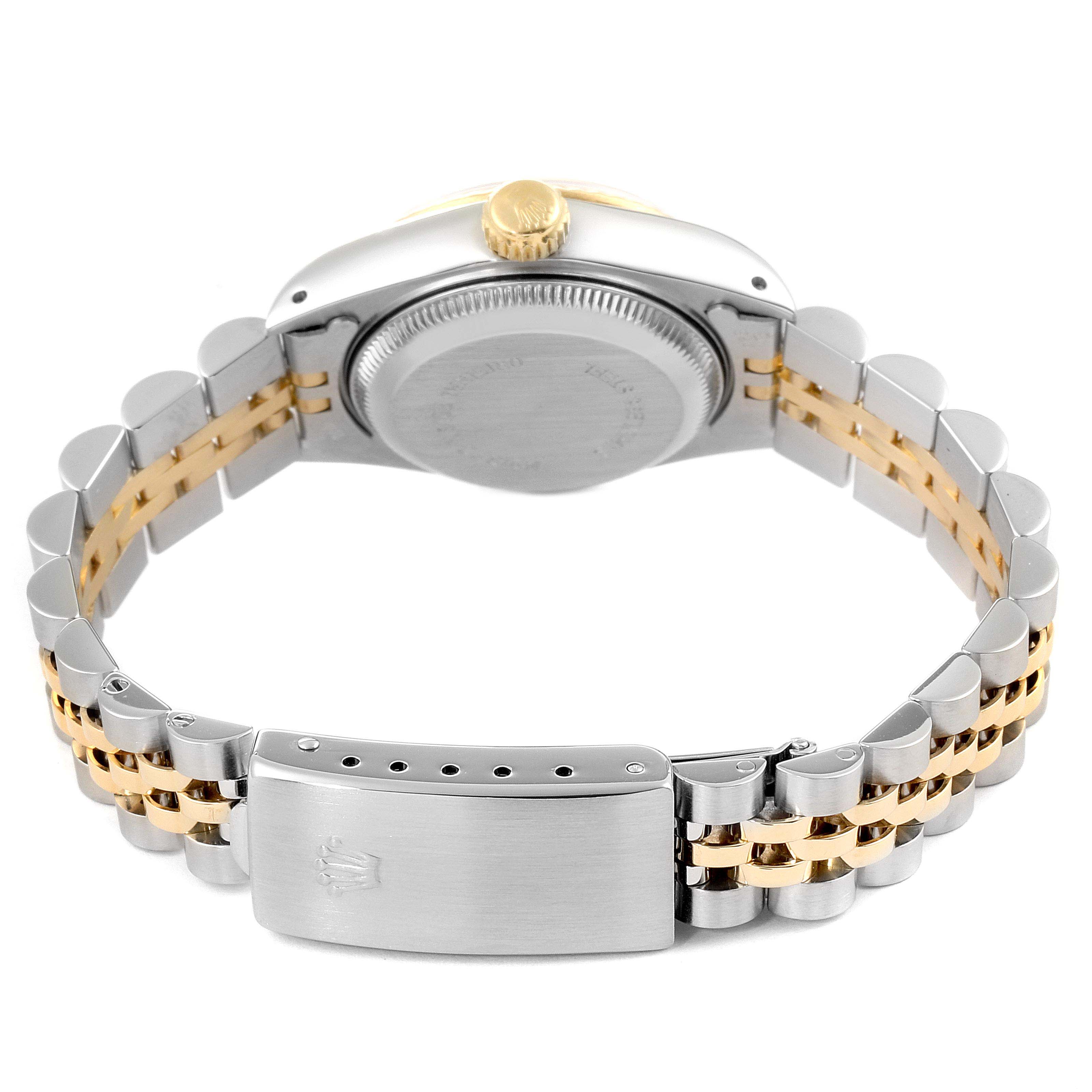 The image shows the back view of a Rolex Datejust 69173 Women's Steel and Gold (two tone) Champagne Dial 69173 Women's Steel and Gold (two tone) Champagne Dial watch, highlighting the case back, crown, and two-tone bracelet with clasp.