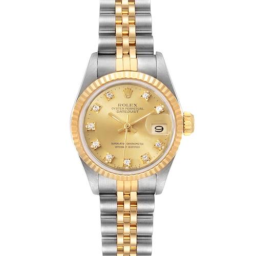 The image shows a front view of the Rolex Datejust 69173 Women's Steel and Gold (two tone) Champagne Dial 69173 Women's Steel and Gold (two tone) Champagne Dial watch featuring a two-tone bracelet and a gold dial with diamond hour markers.
