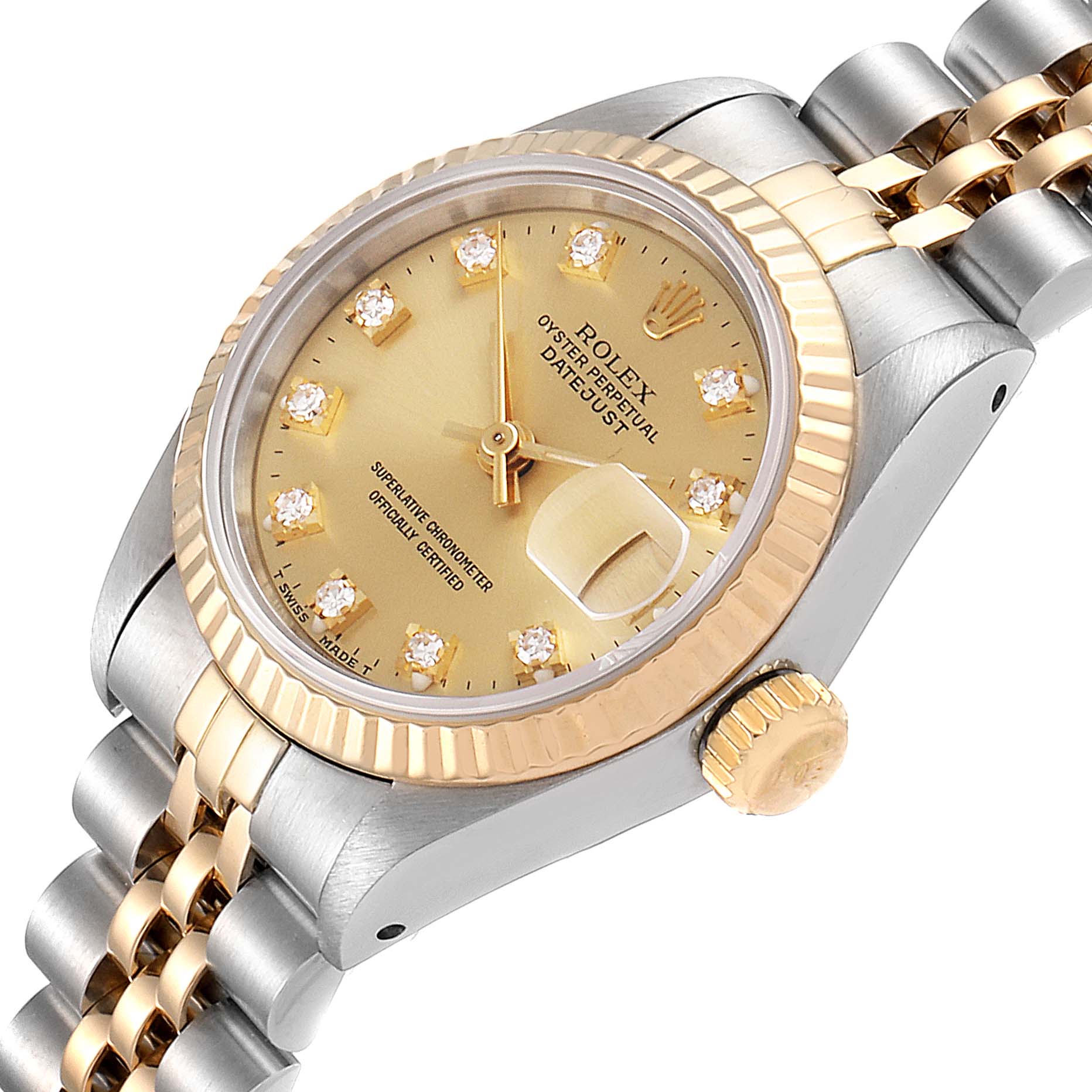 This image shows a side angle of the Rolex Datejust 69173 Women's Steel and Gold (two tone) Champagne Dial 69173 Women's Steel and Gold (two tone) Champagne Dial, highlighting the dial, crown, and part of the bracelet.