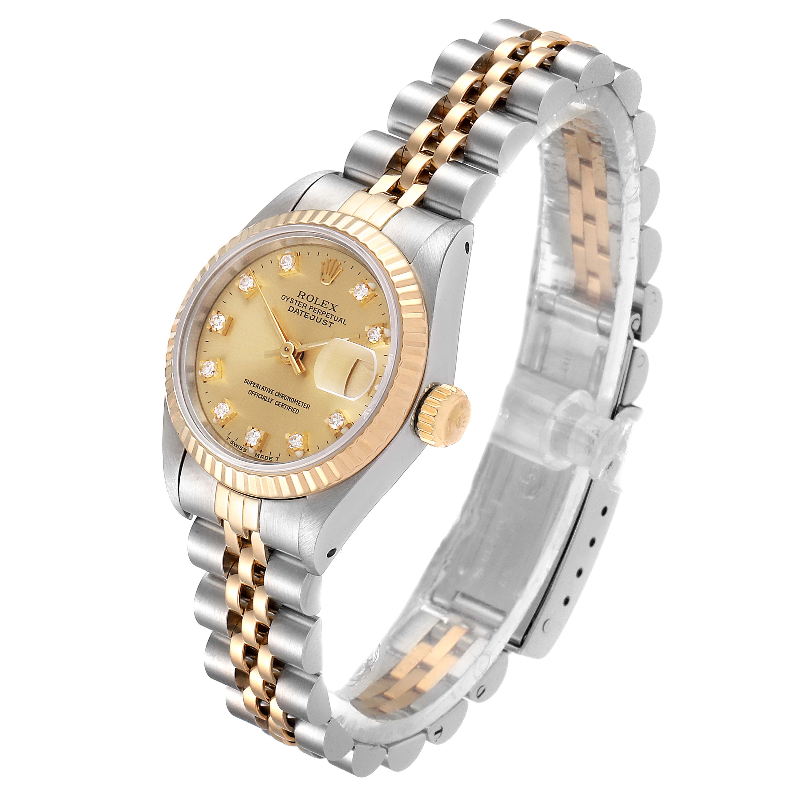 The image shows a Rolex Datejust 69173 Women's Steel and Gold (two tone) Champagne Dial 69173 Women's Steel and Gold (two tone) Champagne Dial watch at a slight angle, displaying the face, bezel, crown, and two-tone bracelet.