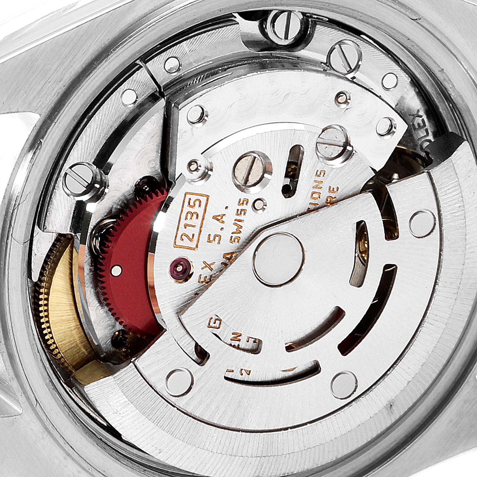 The image shows a close-up of the Rolex Datejust 69173 Women's Steel and Gold (two tone) Champagne Dial 69173 Women's Steel and Gold (two tone) Champagne Dial watch model's movement mechanism from the back.