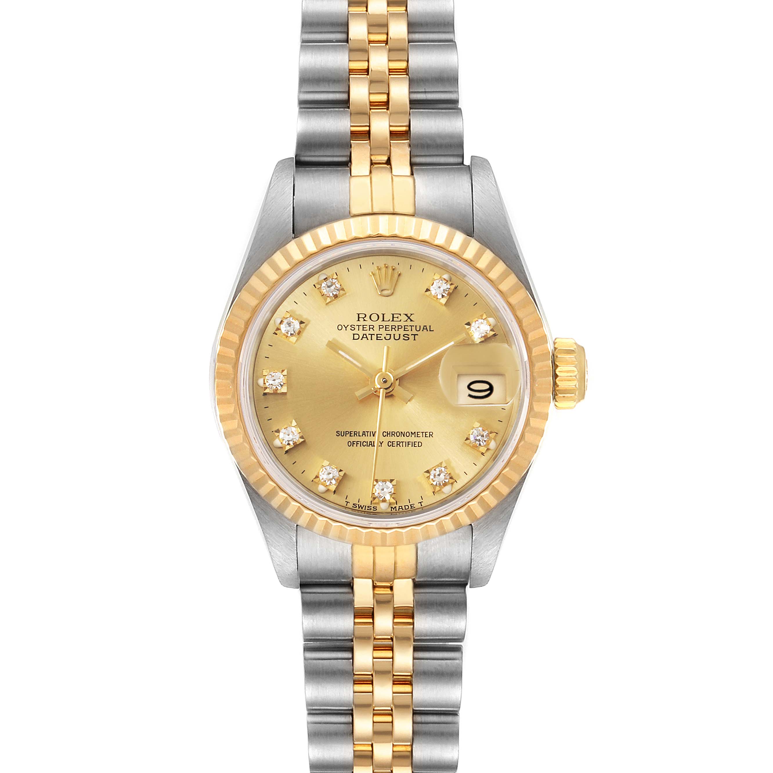 This is a front view of the Rolex Datejust 69173 Women's Steel and Gold (two tone) Champagne Dial 69173 Women's Steel and Gold (two tone) Champagne Dial watch, showing the dial, bezel, and bracelet.
