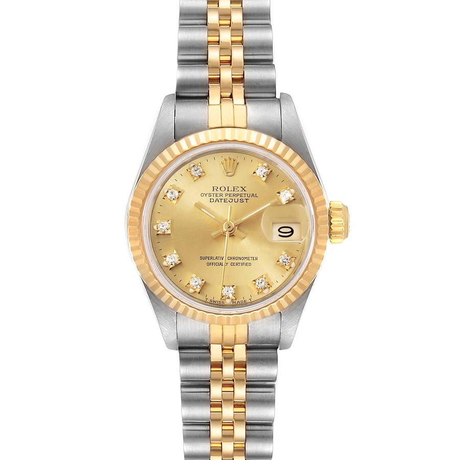 This is a front view of the Rolex Datejust 69173 Women's Steel and Gold (two tone) Champagne Dial 69173 Women's Steel and Gold (two tone) Champagne Dial watch, showing the dial, bezel, and bracelet.