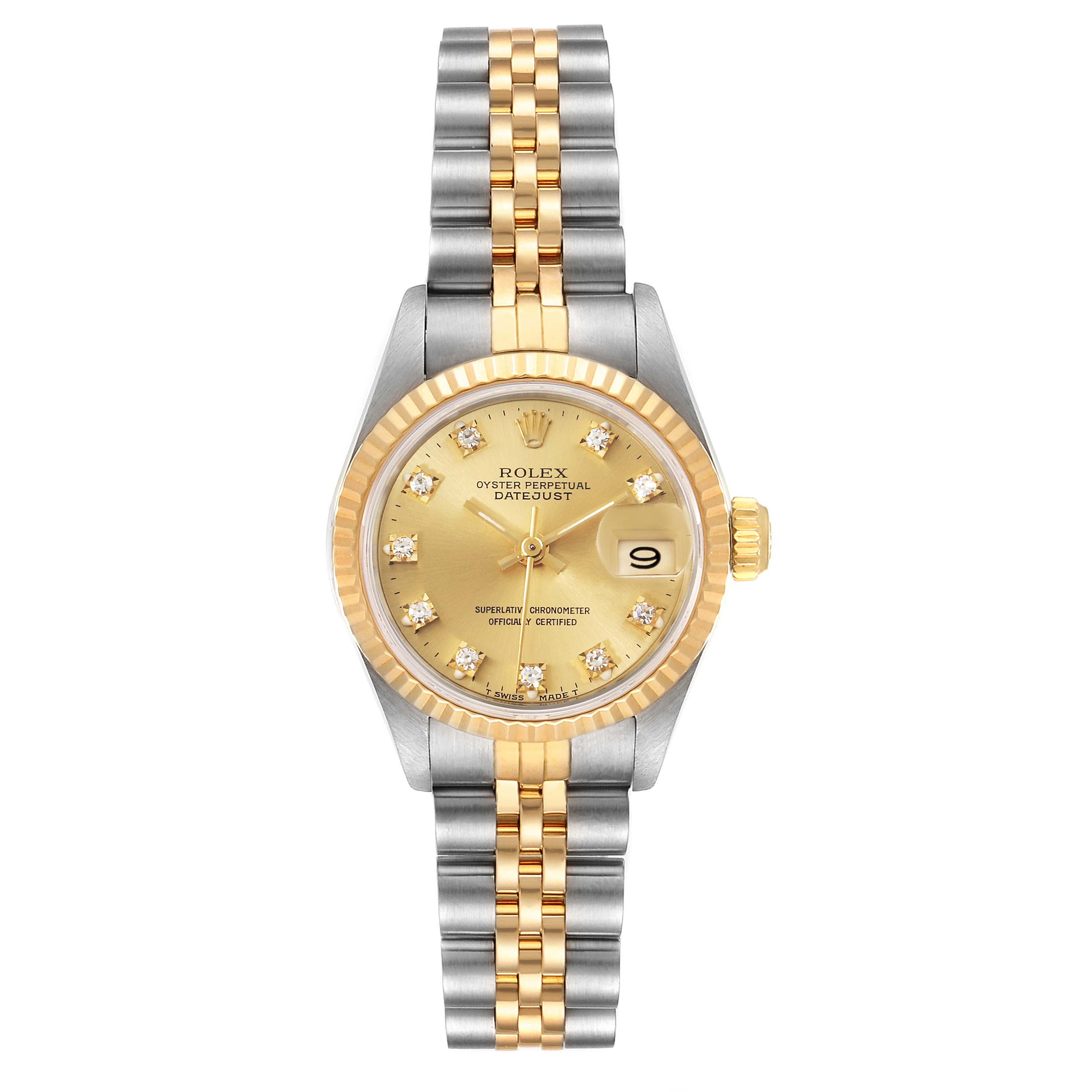 This image shows a front angle of the Rolex Datejust 69173 Women's Steel and Gold (two tone) Champagne Dial 69173 Women's Steel and Gold (two tone) Champagne Dial watch, displaying its dual-tone band, gold dial, and date window.