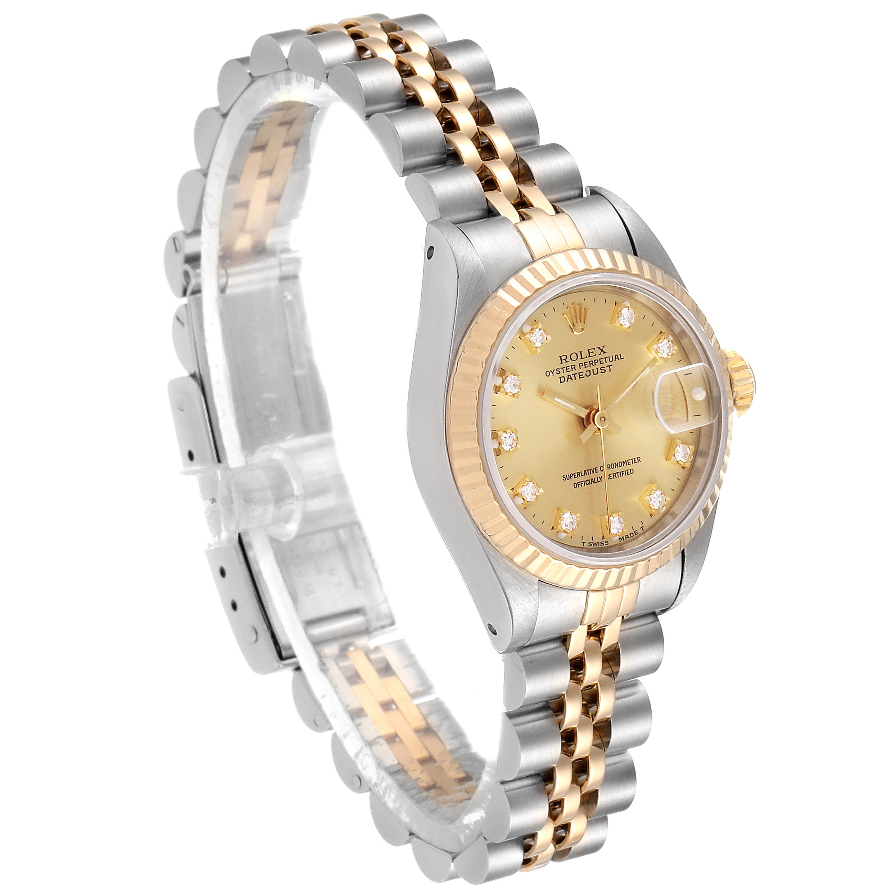 The image shows a Rolex Datejust 69173 Women's Steel and Gold (two tone) Champagne Dial 69173 Women's Steel and Gold (two tone) Champagne Dial watch with a gold dial, diamond hour markers, fluted bezel, and two-tone Jubilee bracelet, at a 45-degree angle.