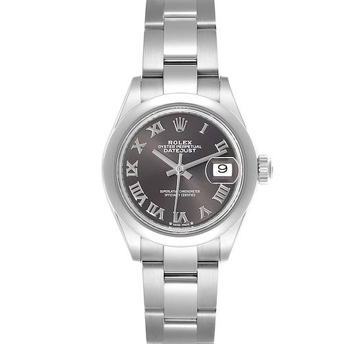 The image shows a frontal view of the Rolex Datejust 279160 Women's Stainless Steel Grey Dial 279160 Women's Stainless Steel Grey Dial, highlighting the dial, bracelet, and date window.
