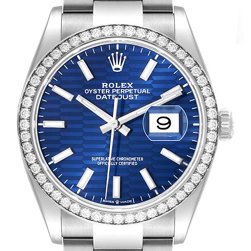 The image shows a front view of a Rolex Datejust 126284RBR Men's Stainless Steel Blue Dial 126284RBR Men's Stainless Steel Blue Dial watch, highlighting the dial, bezel, and part of the bracelet.