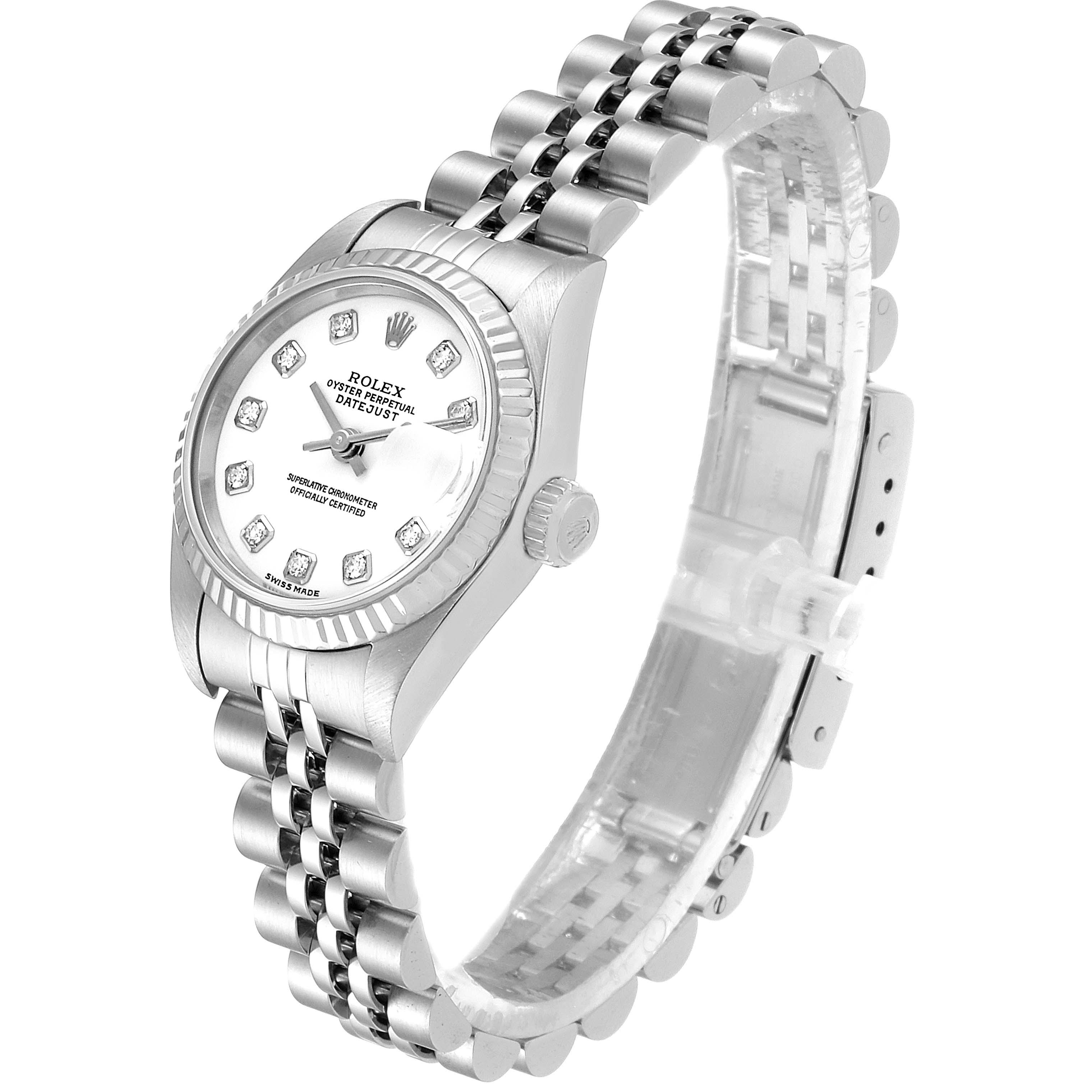 The Rolex Datejust 79174 Women's Stainless Steel White Dial 79174 Women's Stainless Steel White Dial watch is shown at a three-quarter angle, displaying the face, bezel, and part of the bracelet.