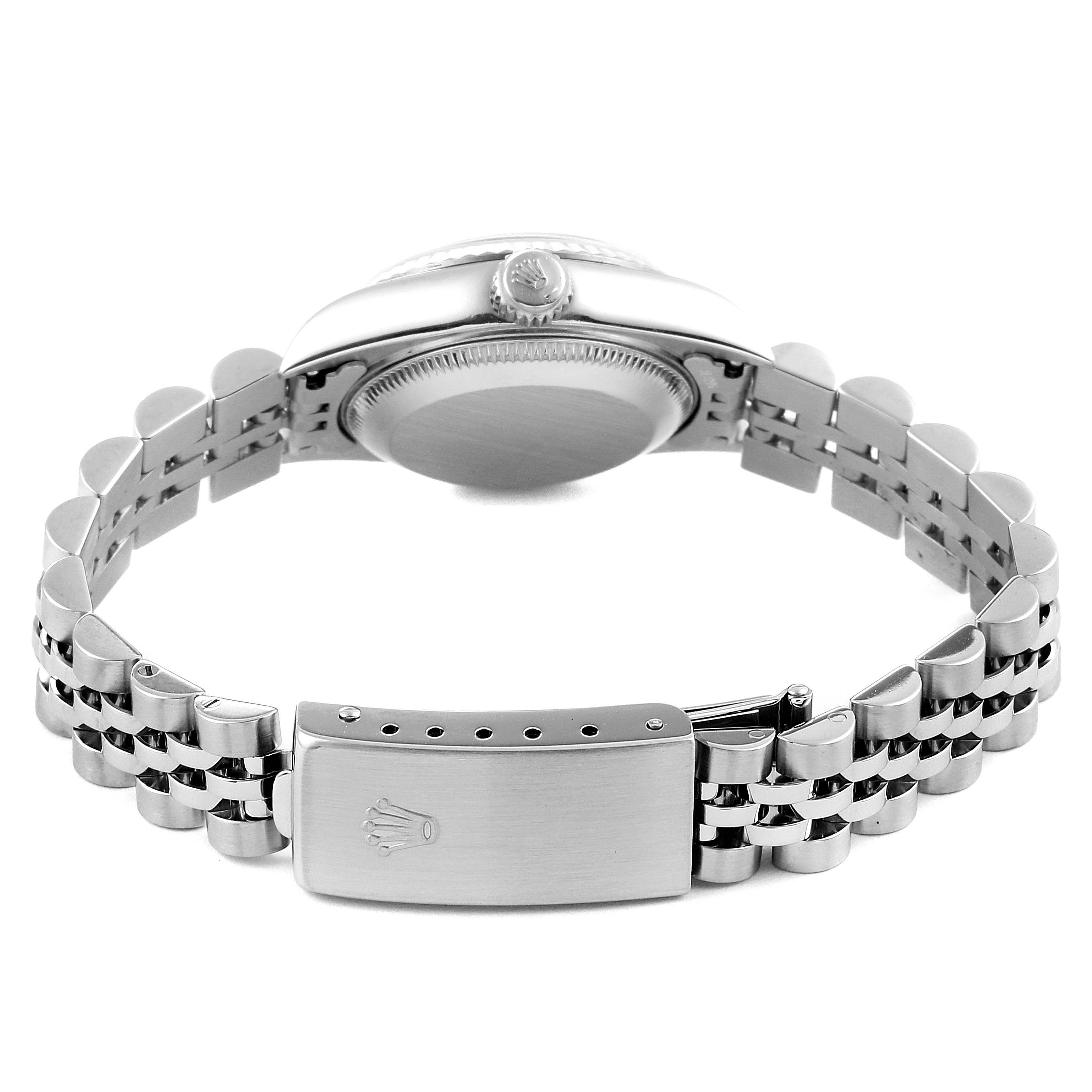 This image shows the back casing, crown, and closed bracelet of a Rolex Datejust 79174 Women's Stainless Steel White Dial 79174 Women's Stainless Steel White Dial watch.