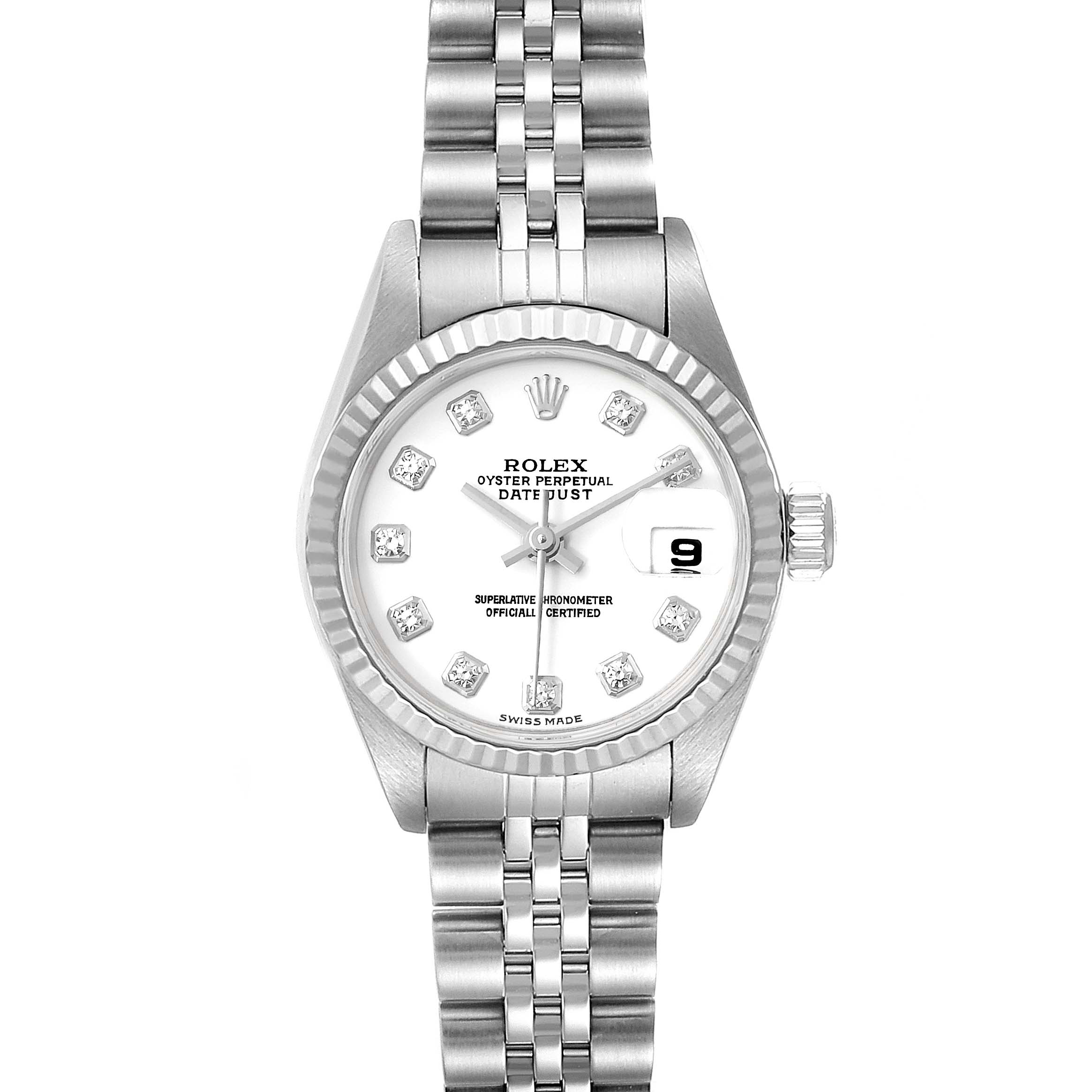This is a head-on view of a Rolex Datejust 79174 Women's Stainless Steel White Dial 79174 Women's Stainless Steel White Dial watch showing the dial, bezel, bracelet, and crown.