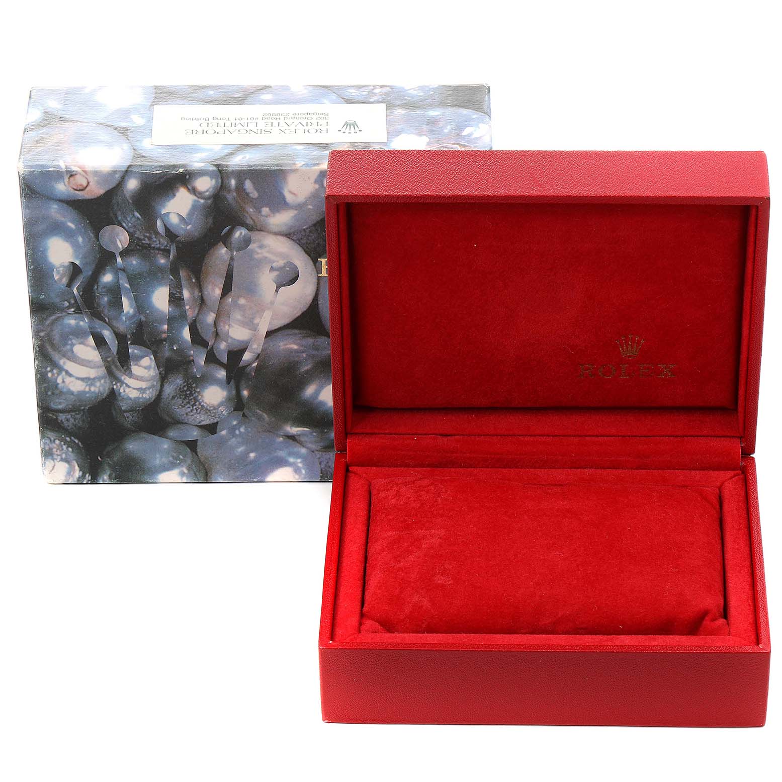 The image shows a Rolex Datejust 79174 Women's Stainless Steel White Dial 79174 Women's Stainless Steel White Dial watch box and the opened red interior watch case.