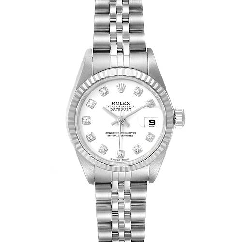 The image shows a front view of a Rolex Datejust 79174 Women's Stainless Steel White Dial 79174 Women's Stainless Steel White Dial watch, highlighting its dial, bezel, and bracelet.