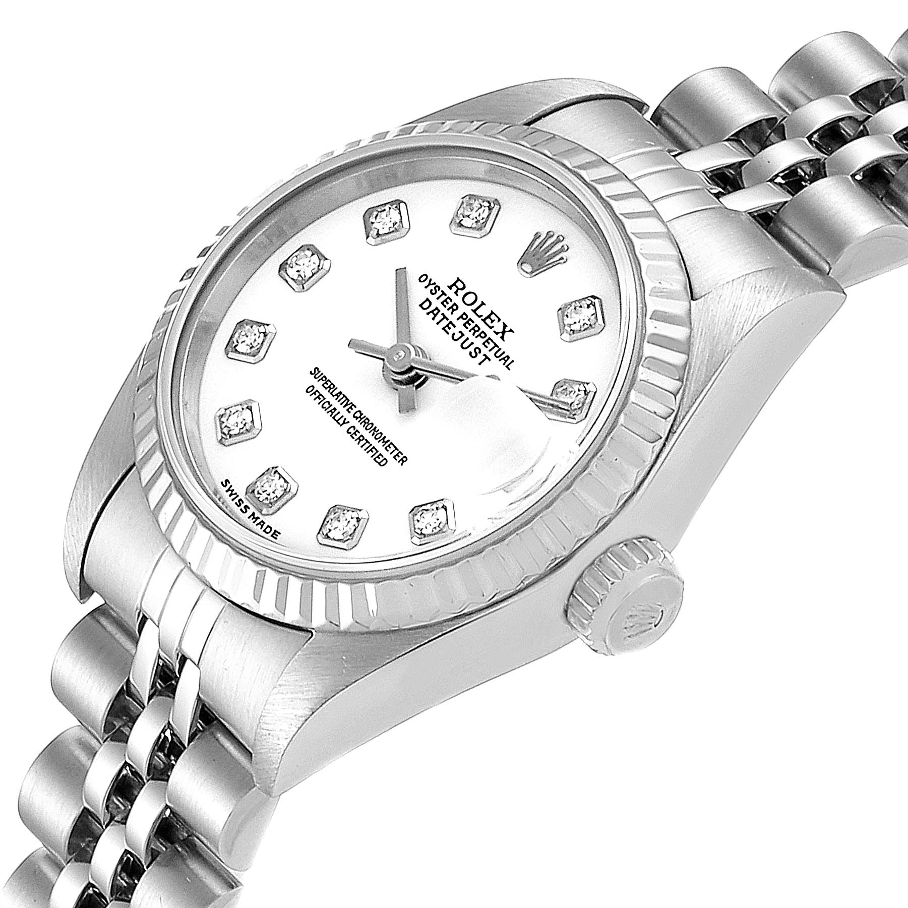 The image shows a Rolex Datejust 79174 Women's Stainless Steel White Dial 79174 Women's Stainless Steel White Dial watch at a slight angle, highlighting the dial, bezel, crown, and bracelet.