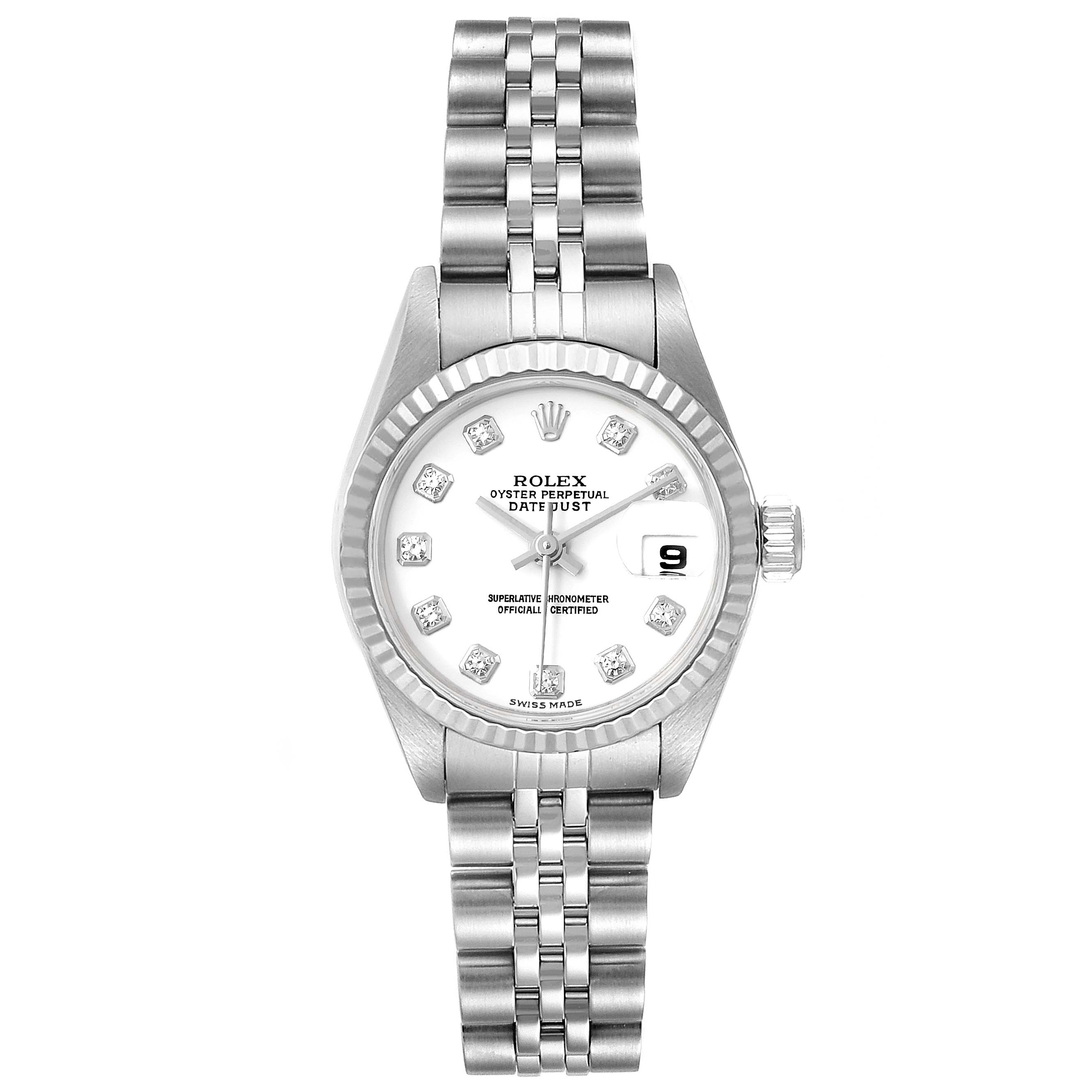 The Rolex Datejust 79174 Women's Stainless Steel White Dial 79174 Women's Stainless Steel White Dial watch is shown from a front angle, displaying the dial, bezel, and bracelet.