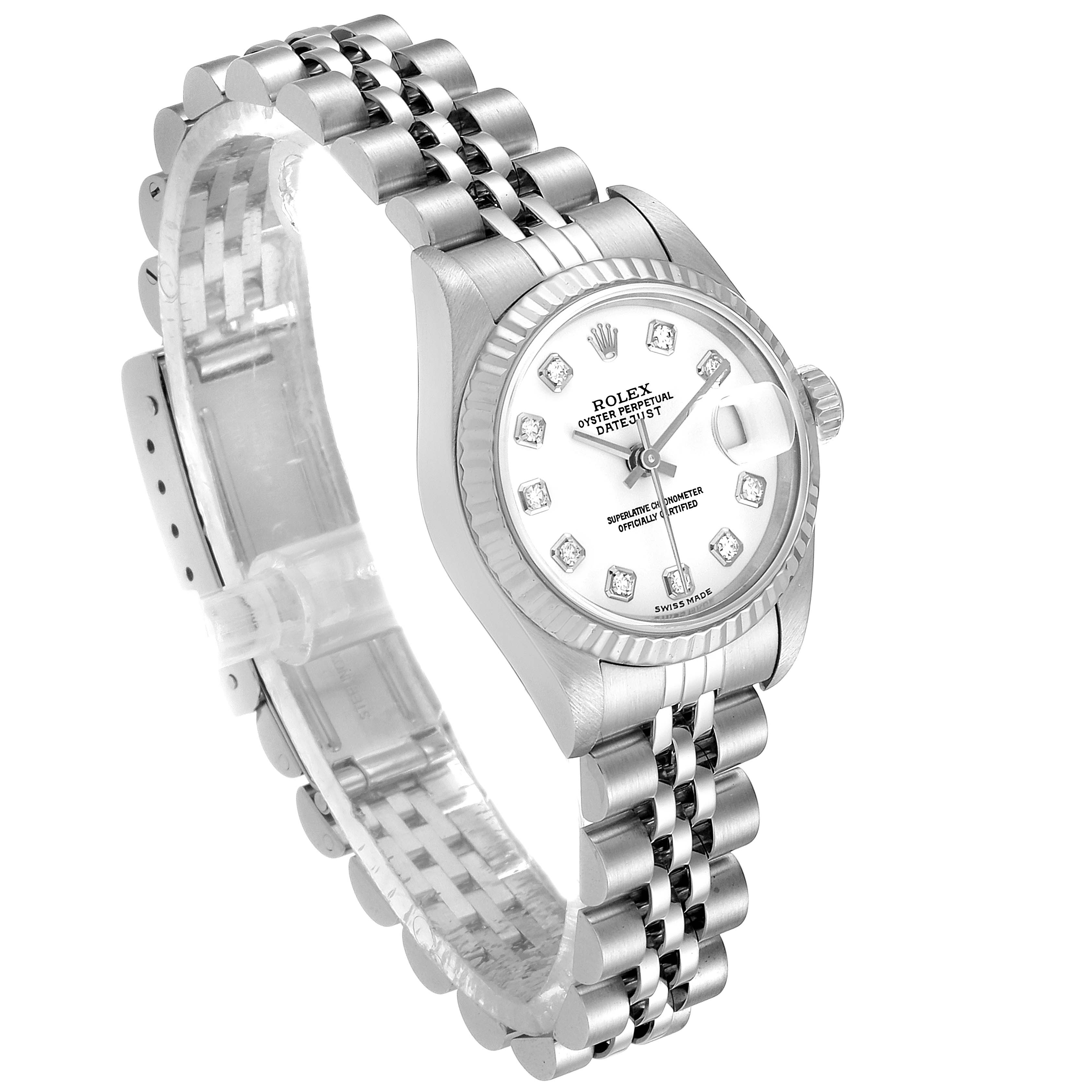 The Rolex Datejust 79174 Women's Stainless Steel White Dial 79174 Women's Stainless Steel White Dial model watch is shown at a slight angle, highlighting the face, bezel, crown, and bracelet.