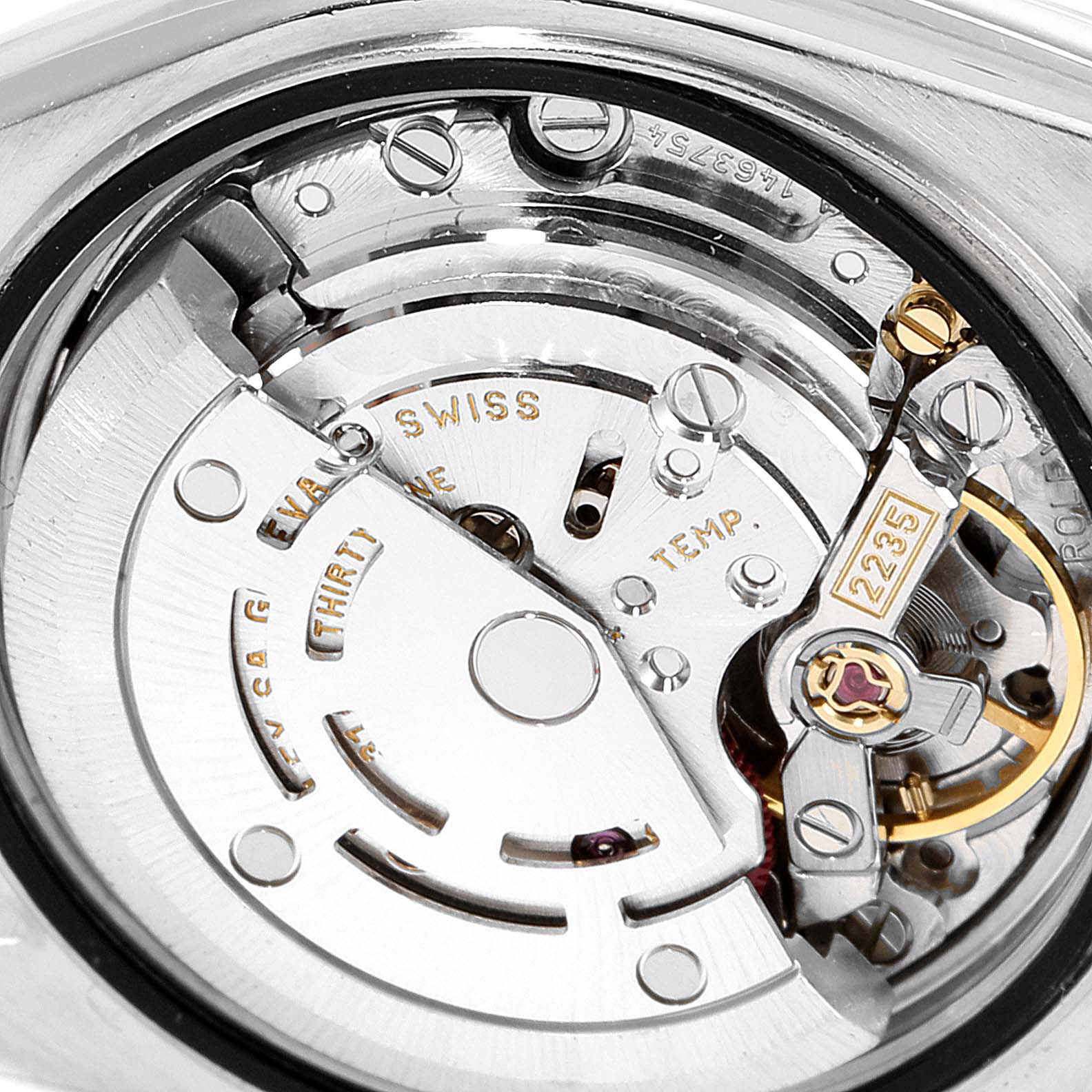 This image shows the detailed view of the movement inside a Rolex Datejust 79174 Women's Stainless Steel White Dial 79174 Women's Stainless Steel White Dial watch, highlighting its intricate mechanics.